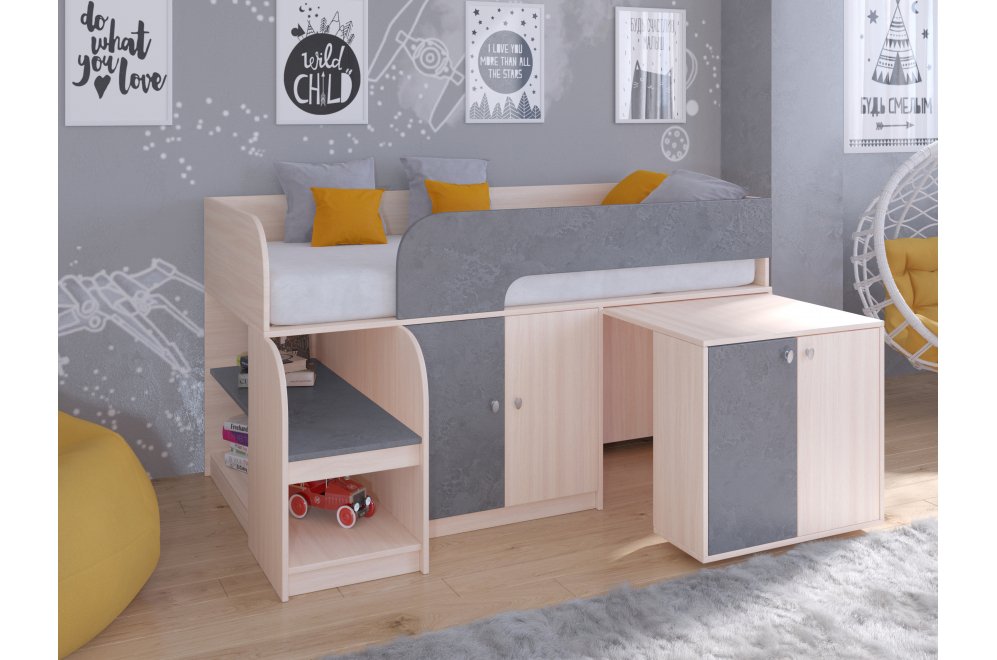 Кровать-чердак Астра 9/8 дуб молочный / железный камень