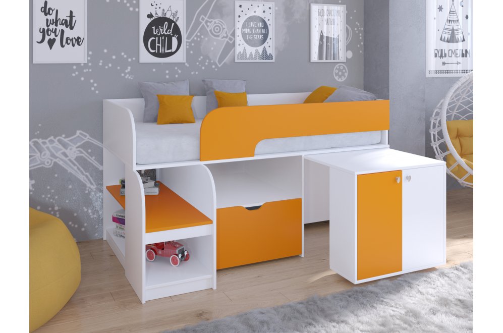 Кровать-чердак Астра 9/9 белый / оранжевый