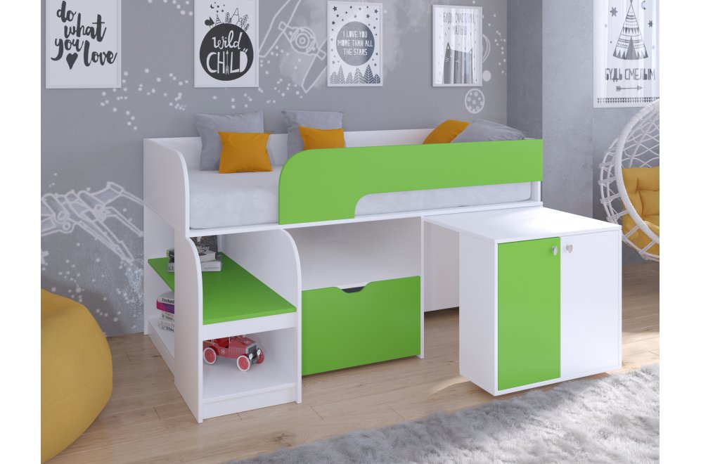 Кровать-чердак Астра 9/9 белый / салатовый