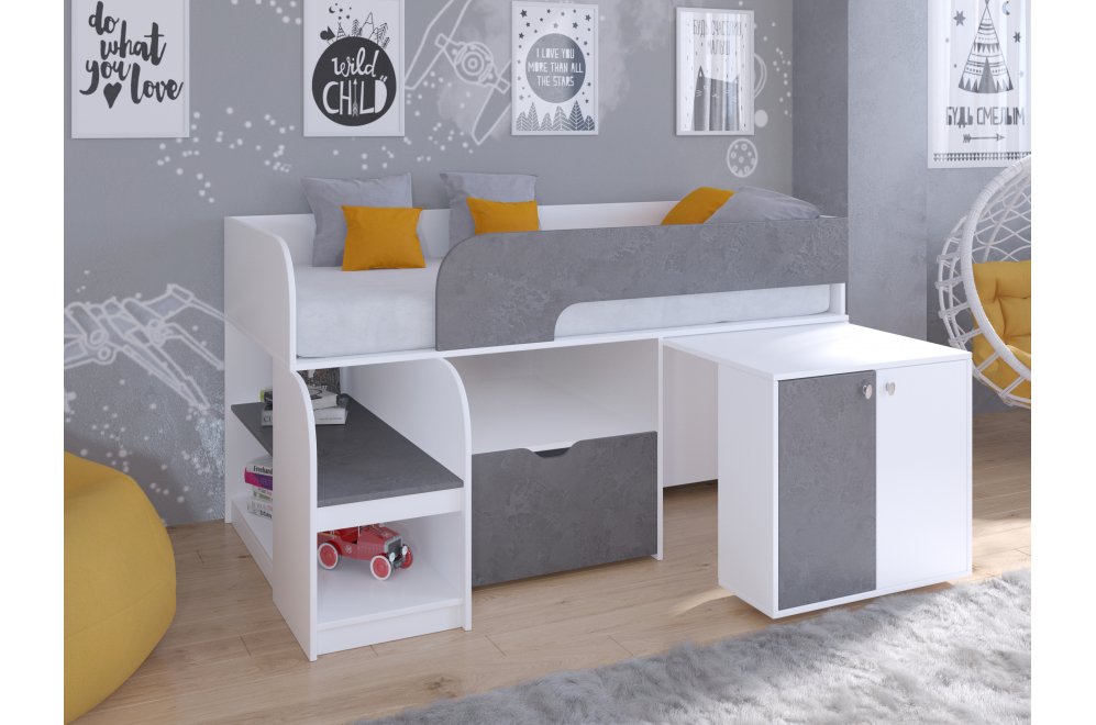 Кровать-чердак Астра 9/9 белый / железный камень