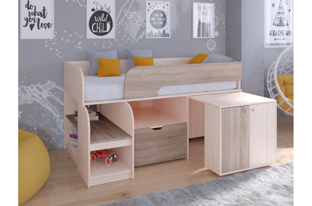 Кровать-чердак Астра 9/9 дуб молочный / дуб сонома