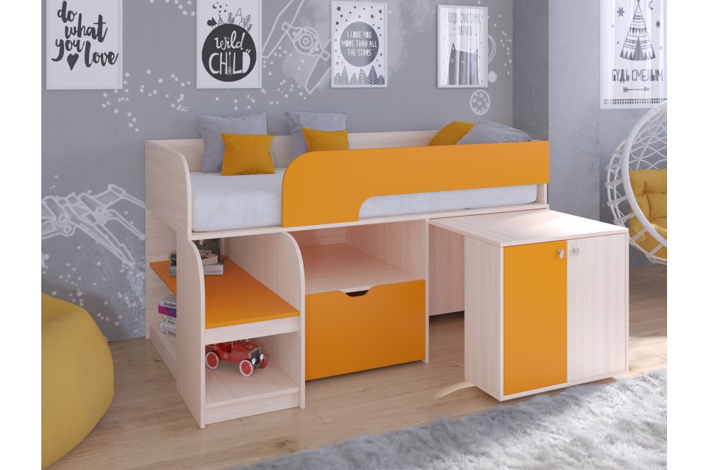 Кровать-чердак Астра 9/9 дуб молочный / оранжевый