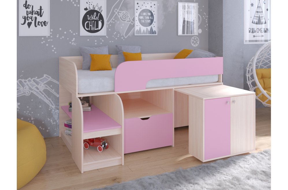 Кровать-чердак Астра 9/9 дуб молочный / розовый