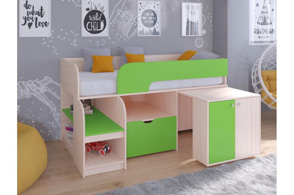 Кровать-чердак Астра 9/9 дуб молочный / салатовый