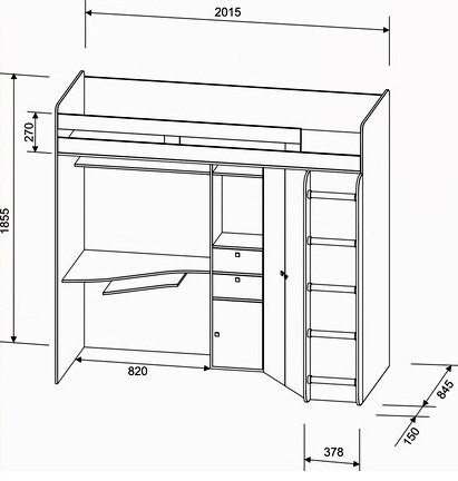 Кровать-чердак Астра дуб молочный / орех