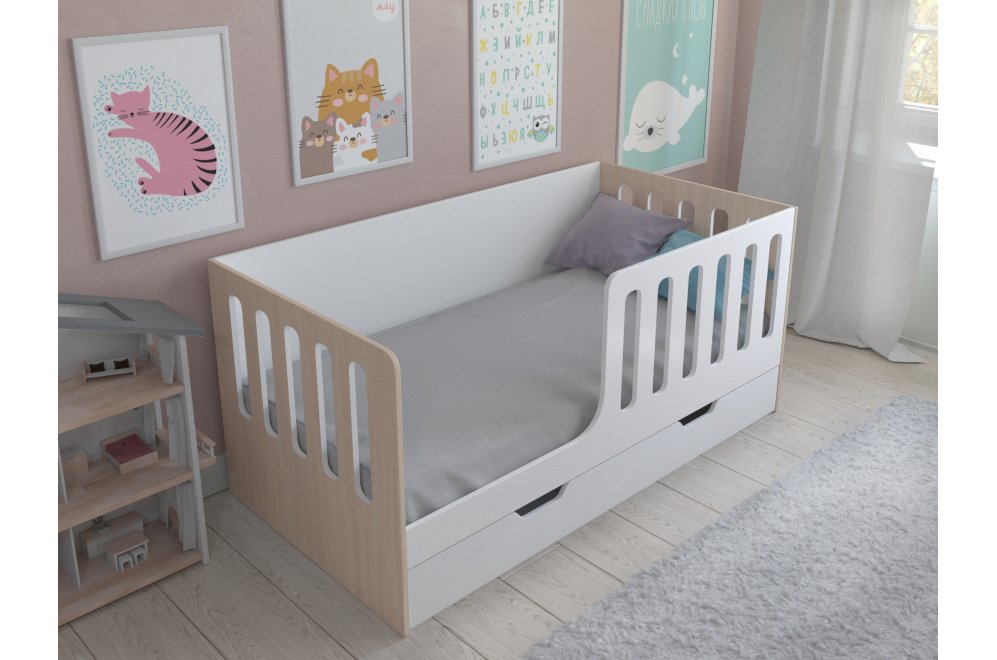 Кровать Астра 12 с ящиком белый / дуб молочный