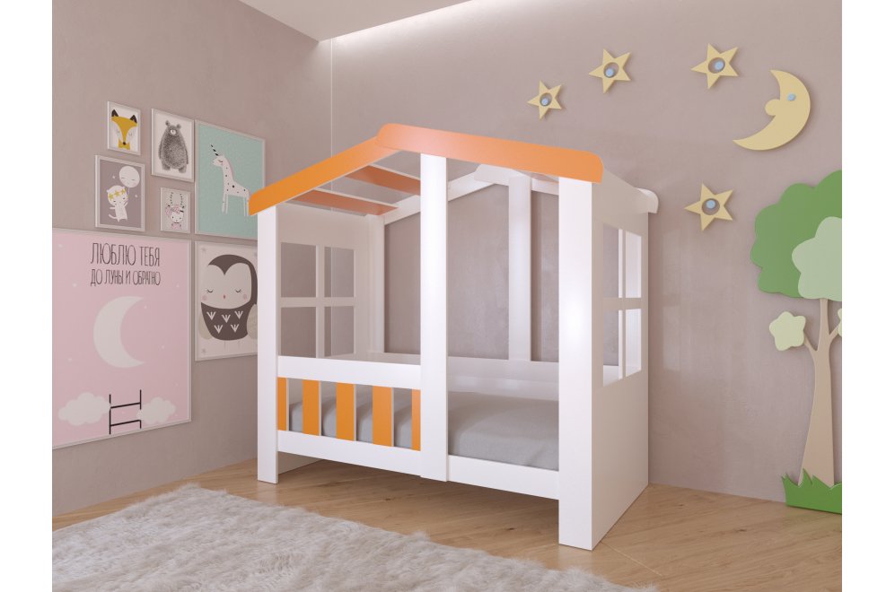 Кровать-домик Астра без ящика белый / оранжевый