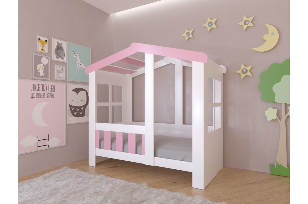 Кровать-домик Астра без ящика белый / розовый