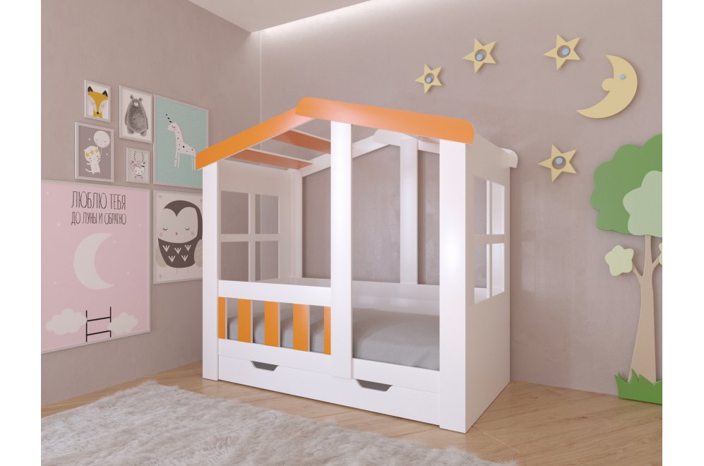 Кровать-домик Астра с ящиком белый / оранжевый