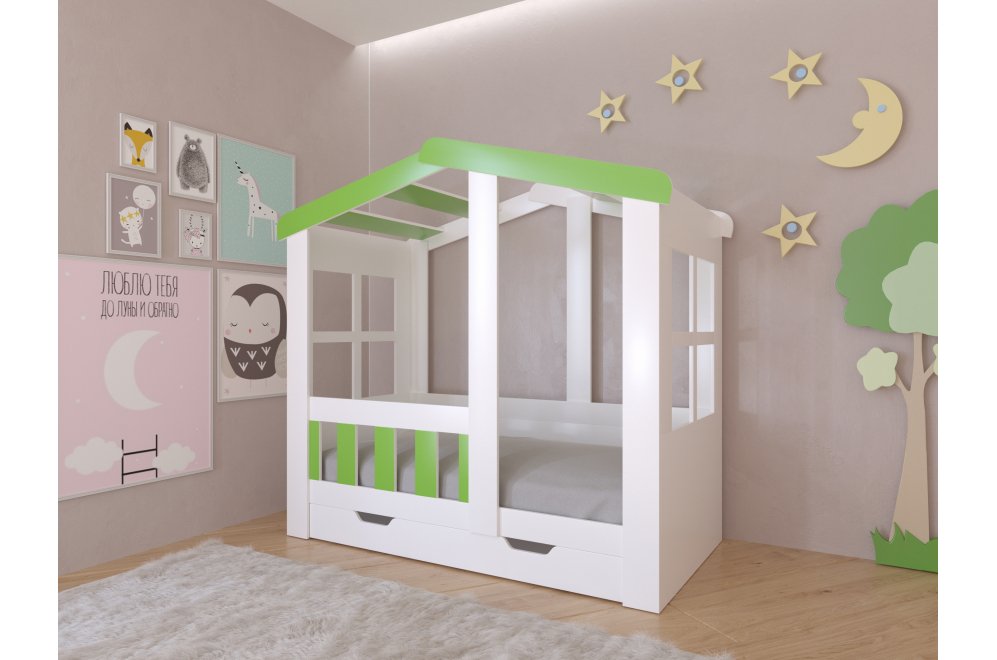 Кровать-домик Астра с ящиком белый / салатовый