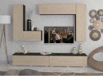 Готовая гостиная Эстет 2 КМП СН.002.2400-01 морское дерево карбон / дуб приморский сатиновый