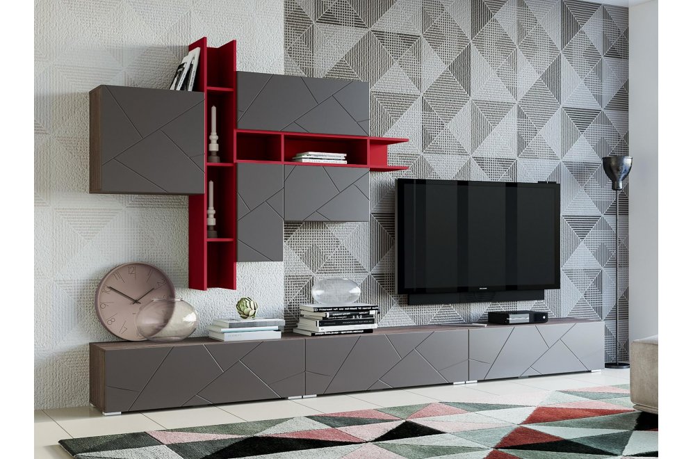 Модульная гостиная Summit софт графит / ярко-красная / ясень анкор темный комплектация 2