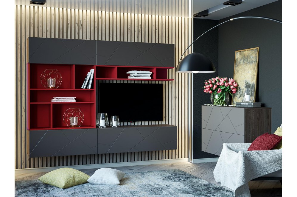 Модульная гостиная Summit софт графит / ярко-красная / ясень анкор темный комплектация 6