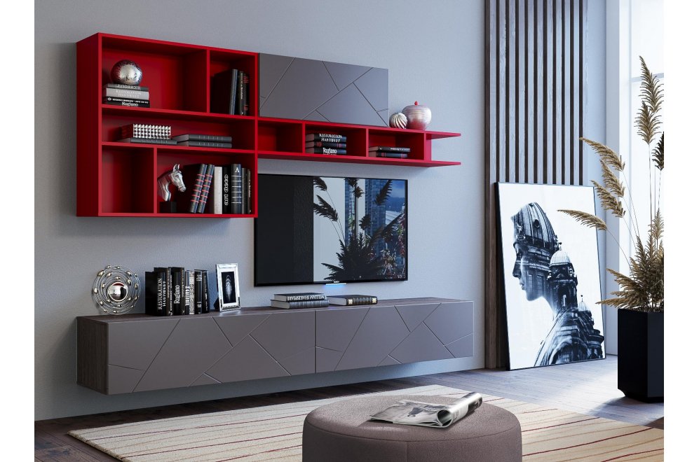 Модульная гостиная Summit софт графит / ярко-красная / ясень анкор темный комплектация 9