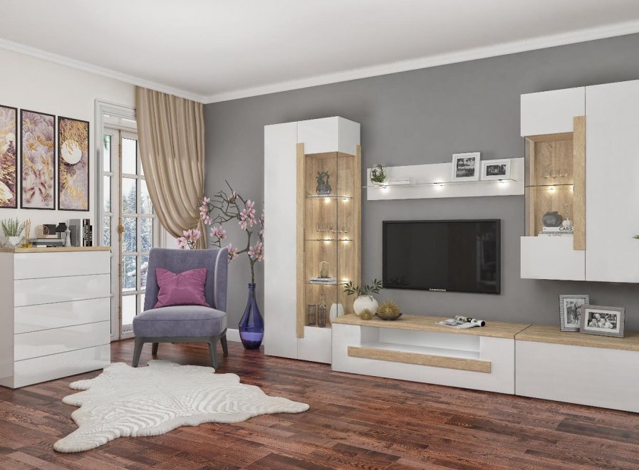 Модульная гостиная Куба дуб сонома / белый глянец комплектация 3