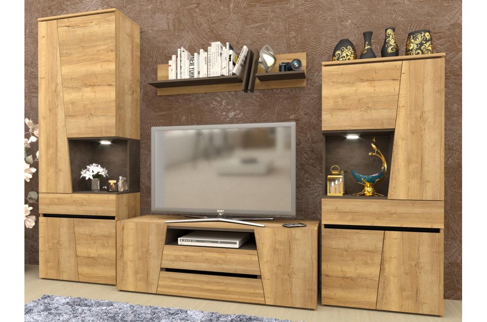 Модульная гостиная Стреза дуб галифакс натуральный / бетон чикаго темно-серый