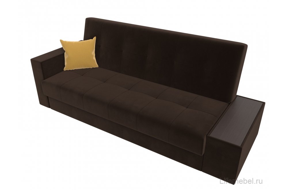 Диван Лига-020 микровельвет сиденье и спинка микровельвет коричневый / подлокотники и царга микровельвет коричневый / декоративная подушка микровельвет желтый