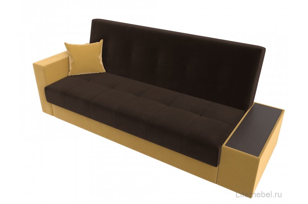 Диван Лига-020 микровельвет сиденье и спинка микровельвет коричневый / подлокотники и царга микровельвет желтый / декоративная подушка микровельвет желтый