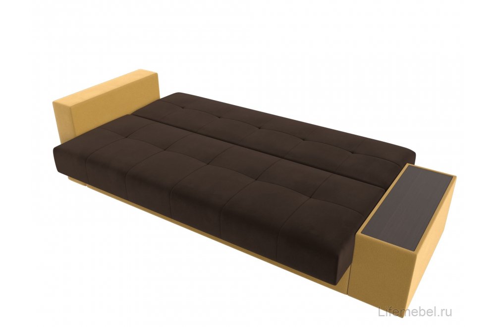 Диван Лига-020 микровельвет сиденье и спинка микровельвет коричневый / подлокотники и царга микровельвет желтый / декоративная подушка микровельвет желтый