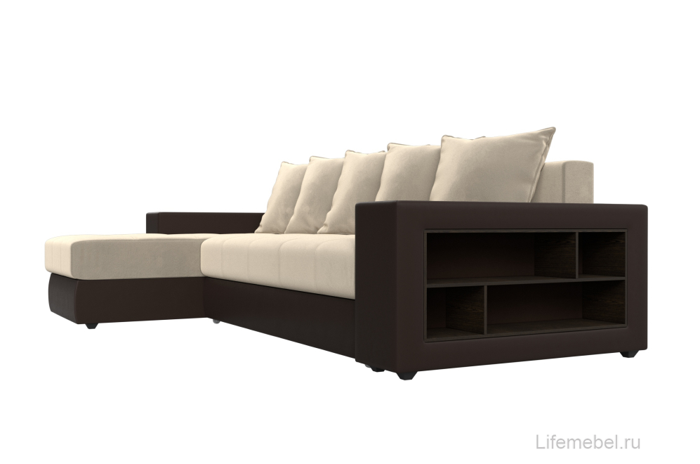 Диван угловой Дубай микровельвет бежевый / экокожа коричневый левый