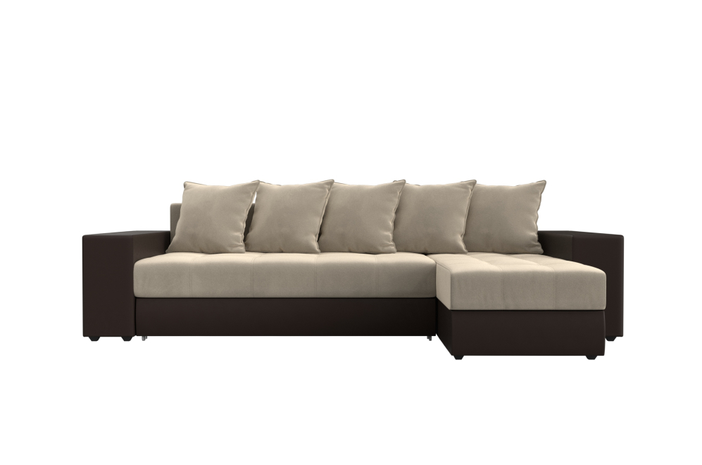 Диван угловой Шервуд микровельвет бежевый / экокожа коричневый правый