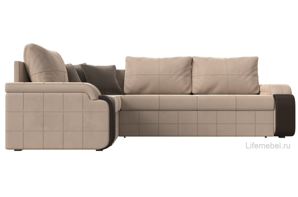 Диван угловой Николь левый велюр / экокожа бежевый / коричневый