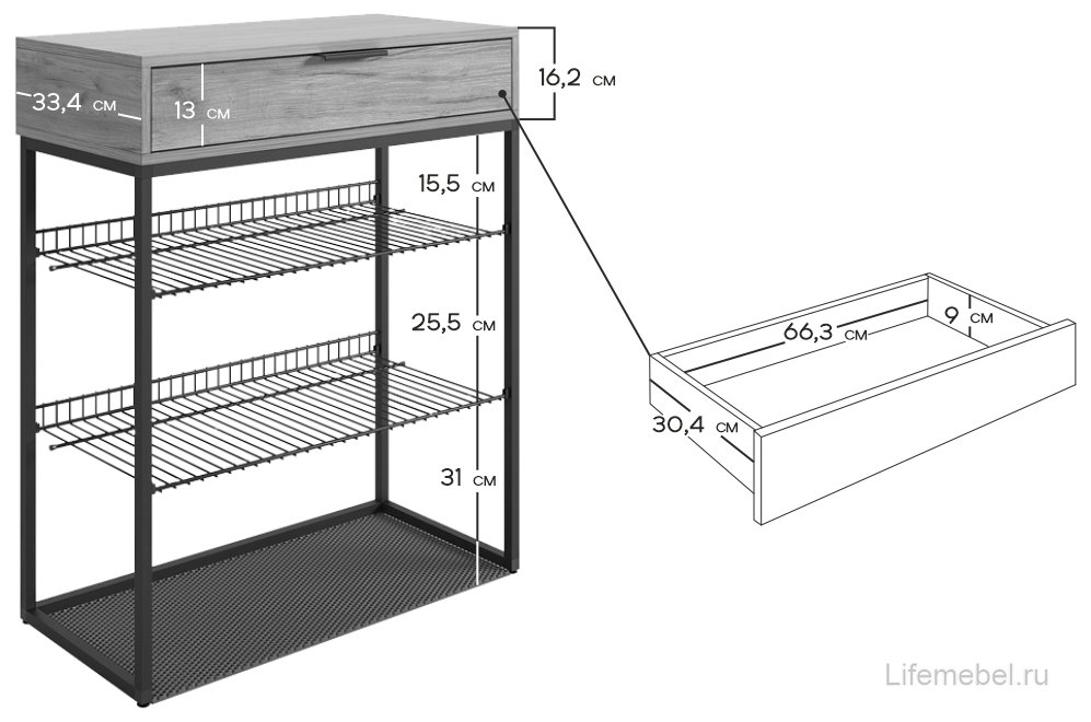 Обувница Краш черный муар / белое дерево 750х334х905