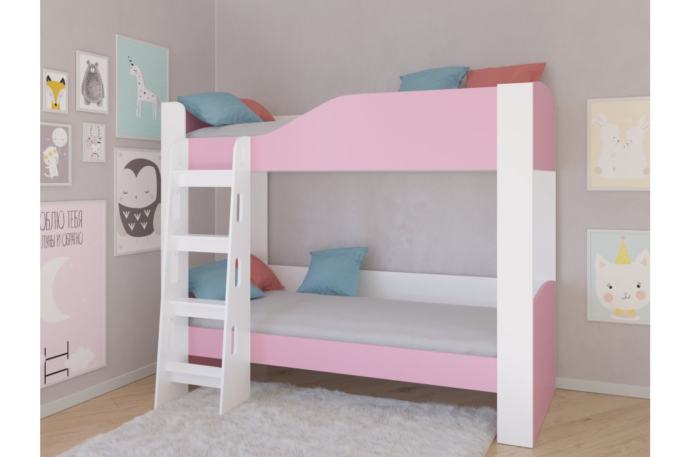 Двухъярусная кровать Астра 2 без ящика белый / розовый