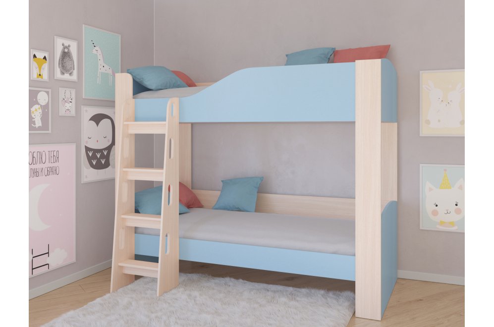 Двухъярусная кровать Астра 2 без ящика дуб молочный / голубой