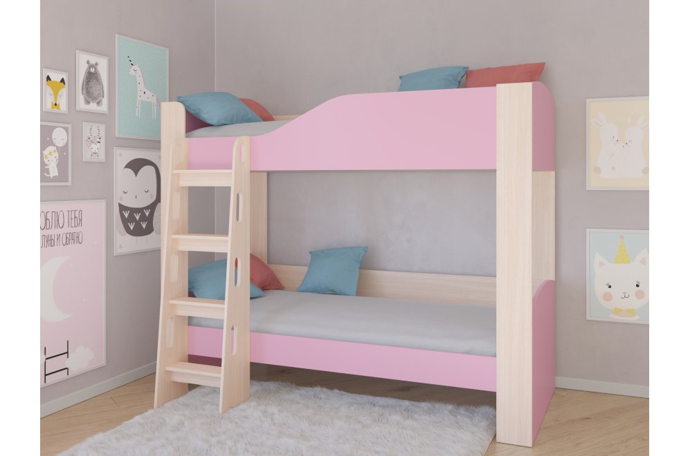 Двухъярусная кровать Астра 2 без ящика дуб молочный / розовый