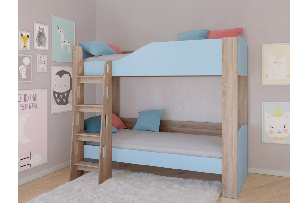 Двухъярусная кровать Астра 2 без ящика дуб сонома / голубой