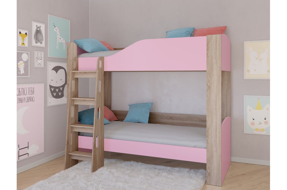 Двухъярусная кровать Астра 2 без ящика дуб сонома / розовый