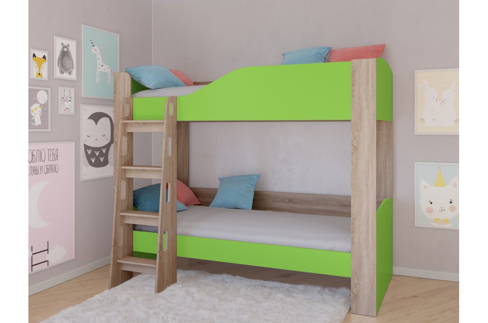 Двухъярусная кровать Астра 2 без ящика дуб сонома / салатовый