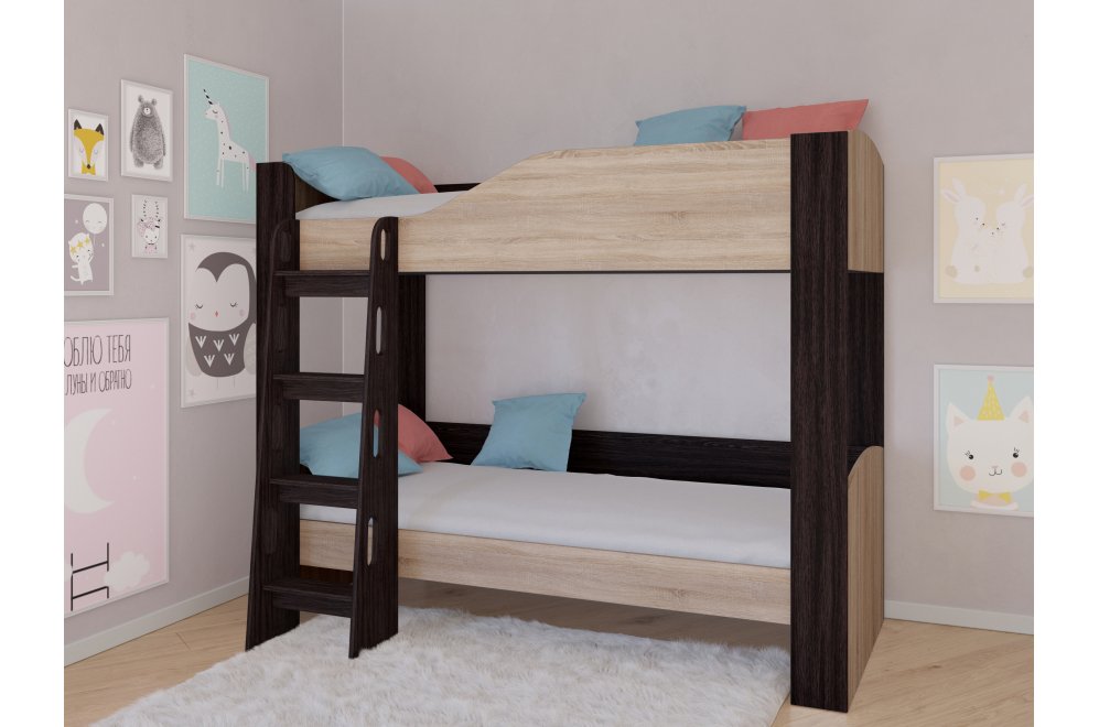 Двухъярусная кровать Астра 2 без ящика венге / дуб сонома