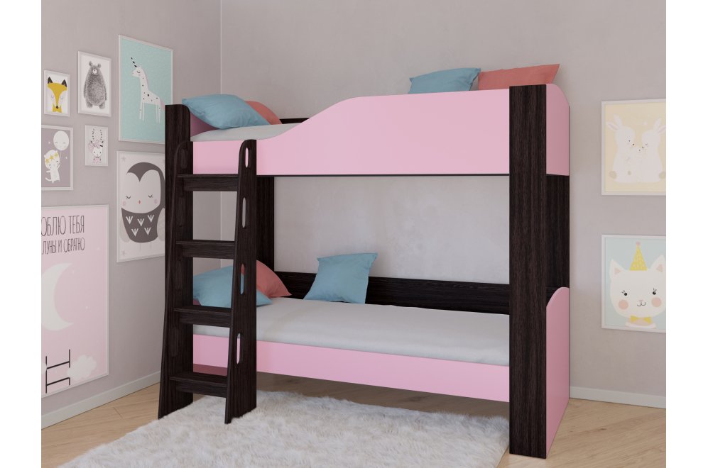 Двухъярусная кровать Астра 2 без ящика венге / розовый