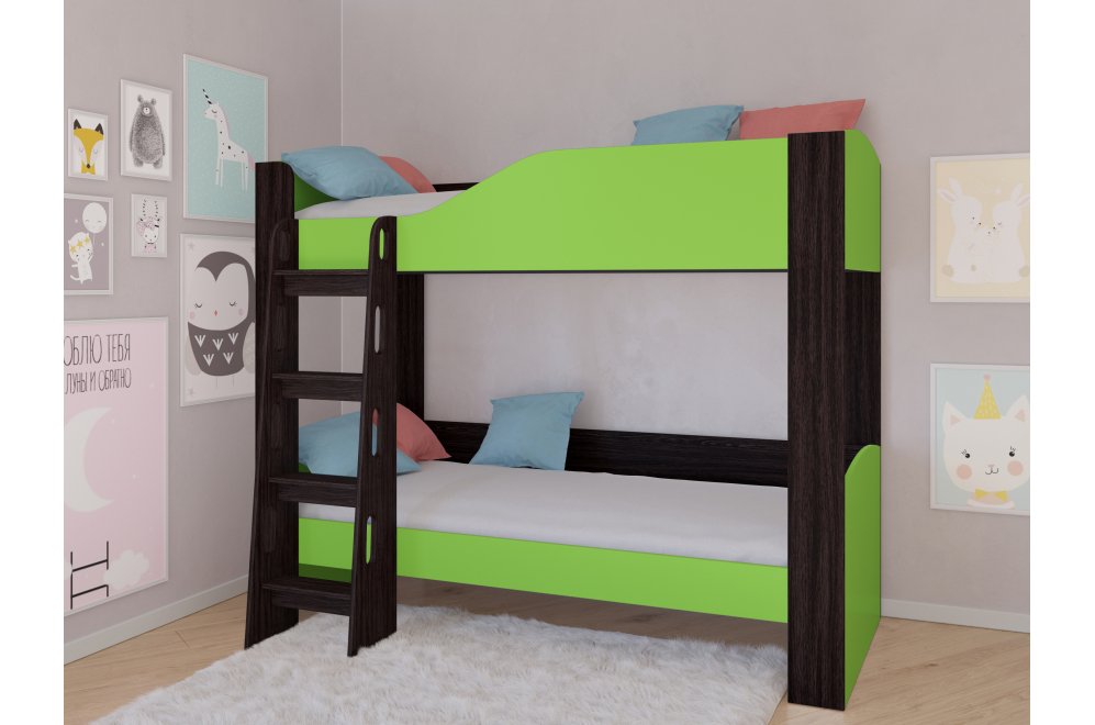 Двухъярусная кровать Астра 2 без ящика венге / салатовый