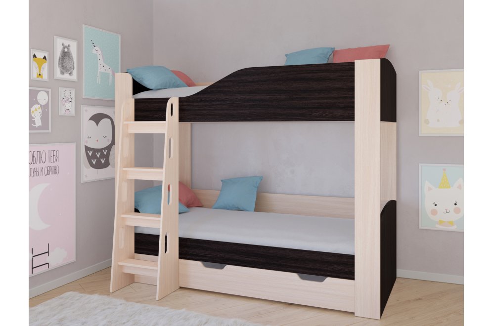 Двухъярусная кровать Астра 2 с ящиком дуб молочный / венге
