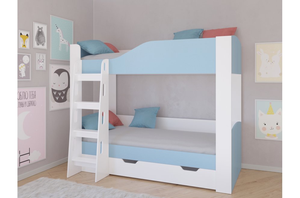Двухъярусная кровать Астра 2 с ящиком белый / голубой