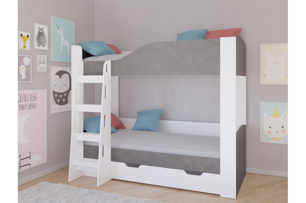 Двухъярусная кровать Астра 2 с ящиком белый / железный камень