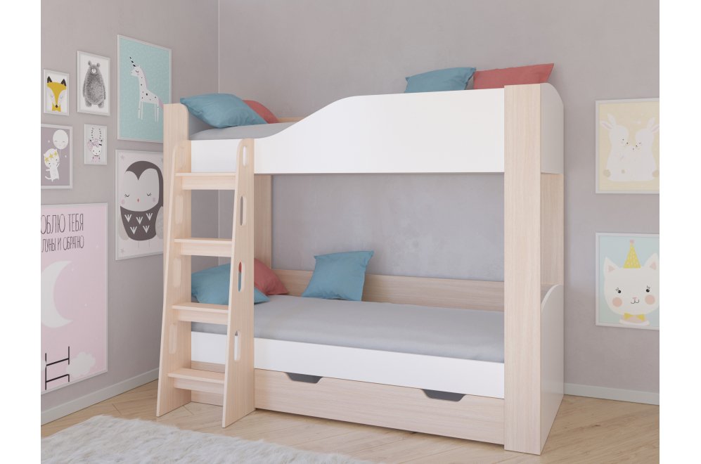 Двухъярусная кровать Астра 2 с ящиком дуб молочный / белый