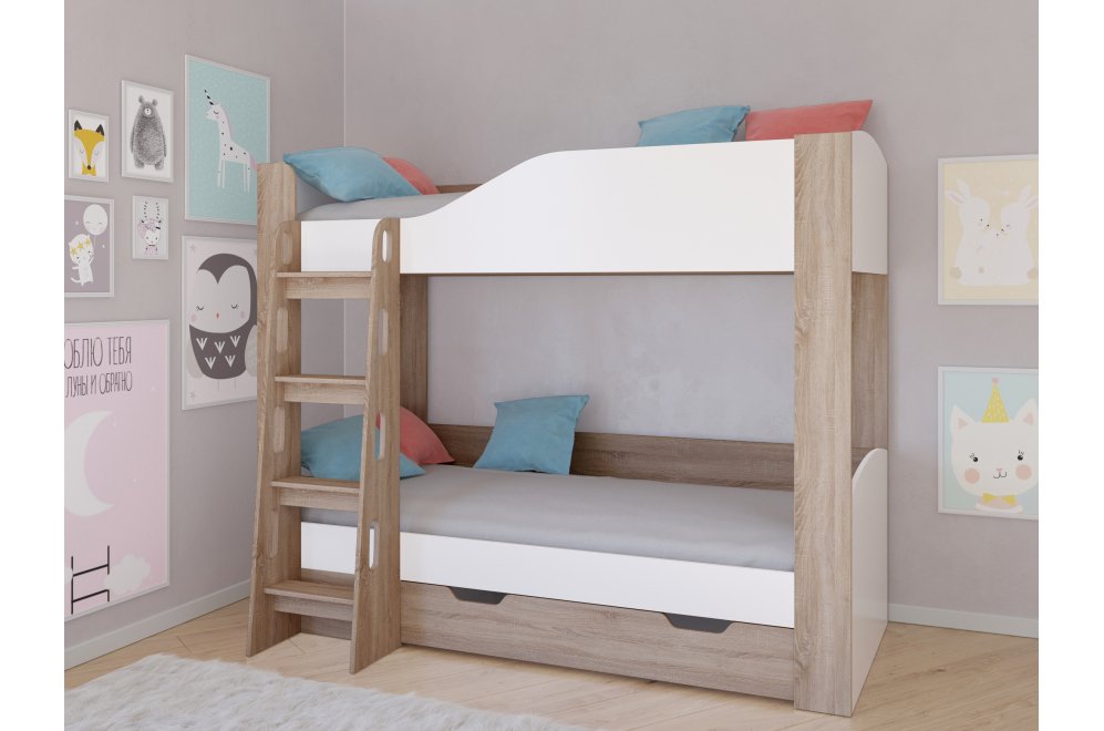 Двухъярусная кровать Астра 2 с ящиком дуб сонома / белый