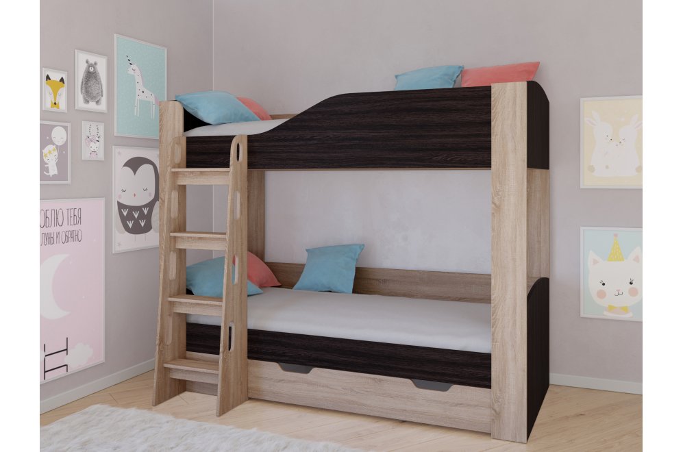 Двухъярусная кровать Астра 2 с ящиком дуб сонома / венге
