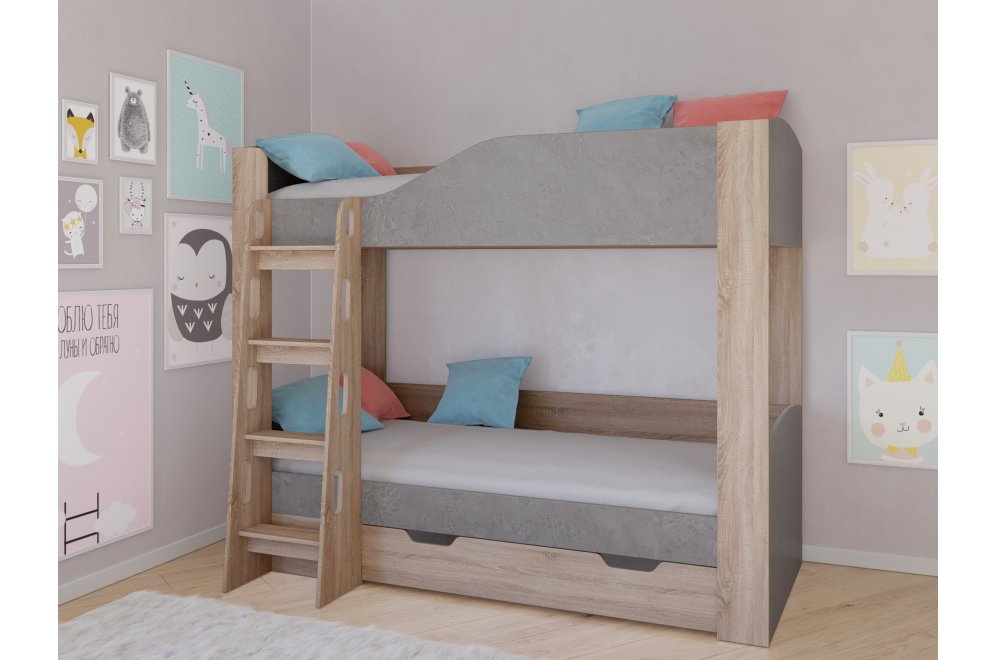 Двухъярусная кровать Астра 2 с ящиком дуб сонома / железный камень