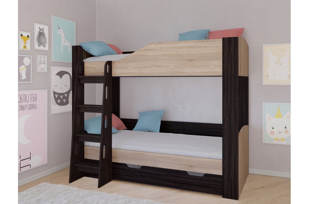Двухъярусная кровать Астра 2 с ящиком венге / дуб сонома