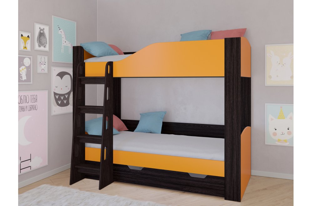 Двухъярусная кровать Астра 2 с ящиком венге / оранжевый