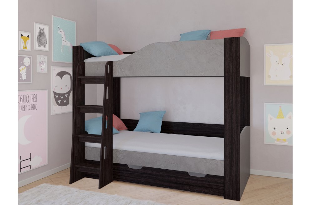 Двухъярусная кровать Астра 2 с ящиком венге / железный камень