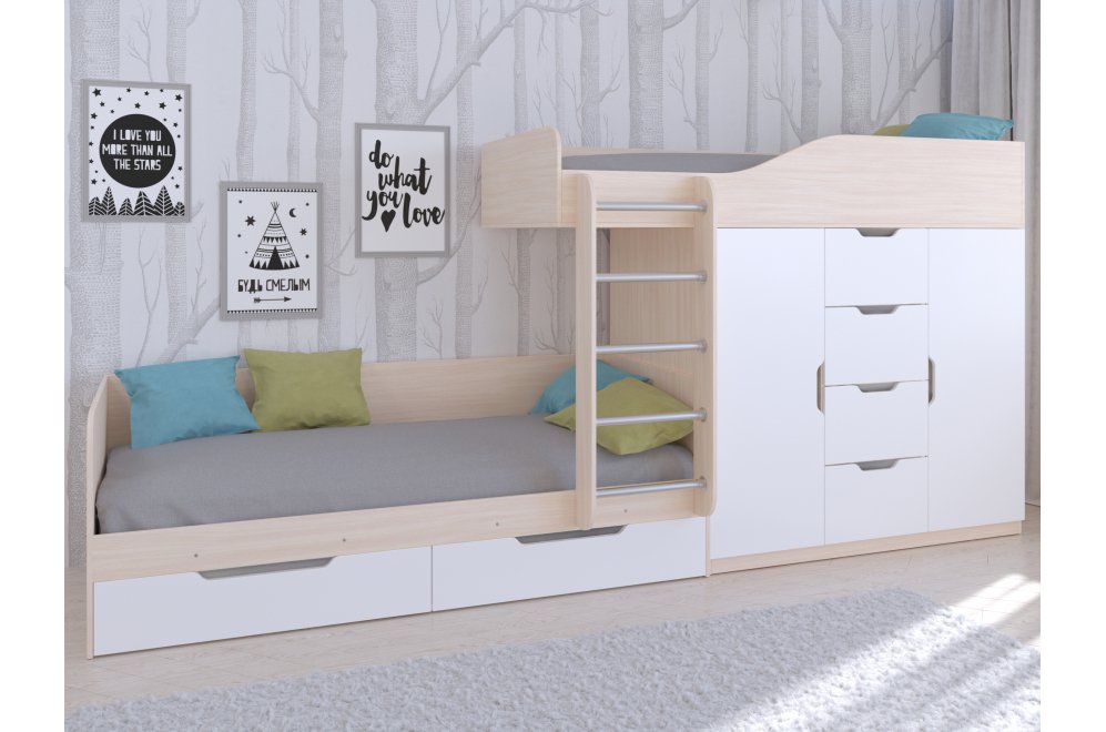 Двухъярусная кровать Астра 6 дуб молочный / белый