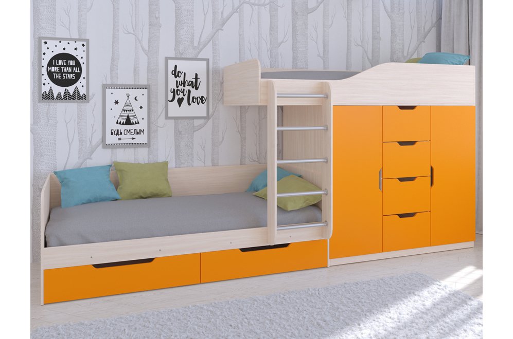Двухъярусная кровать Астра 6 дуб молочный / оранжевый