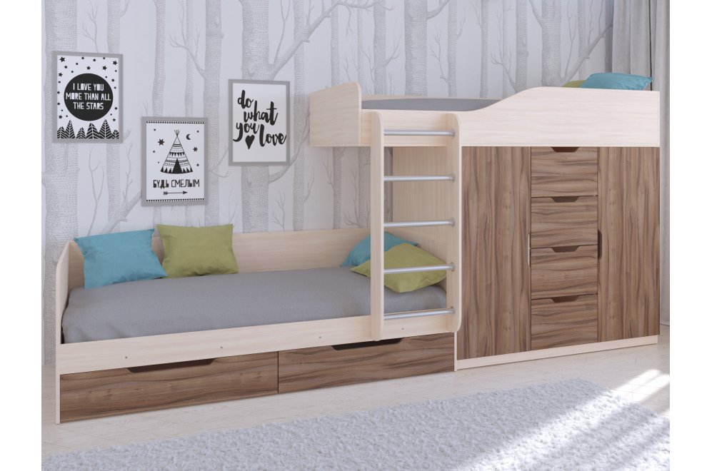 Двухъярусная кровать Астра 6 дуб молочный / орех