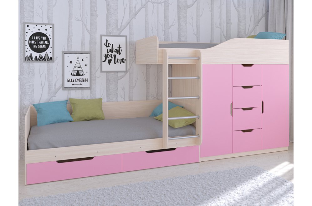 Двухъярусная кровать Астра 6 дуб молочный / розовый